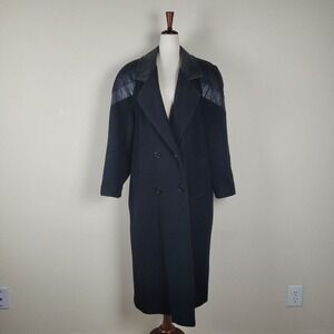 Black Coat Womens XL Wool Blend Long Vintage Leather Trim Double Breasted